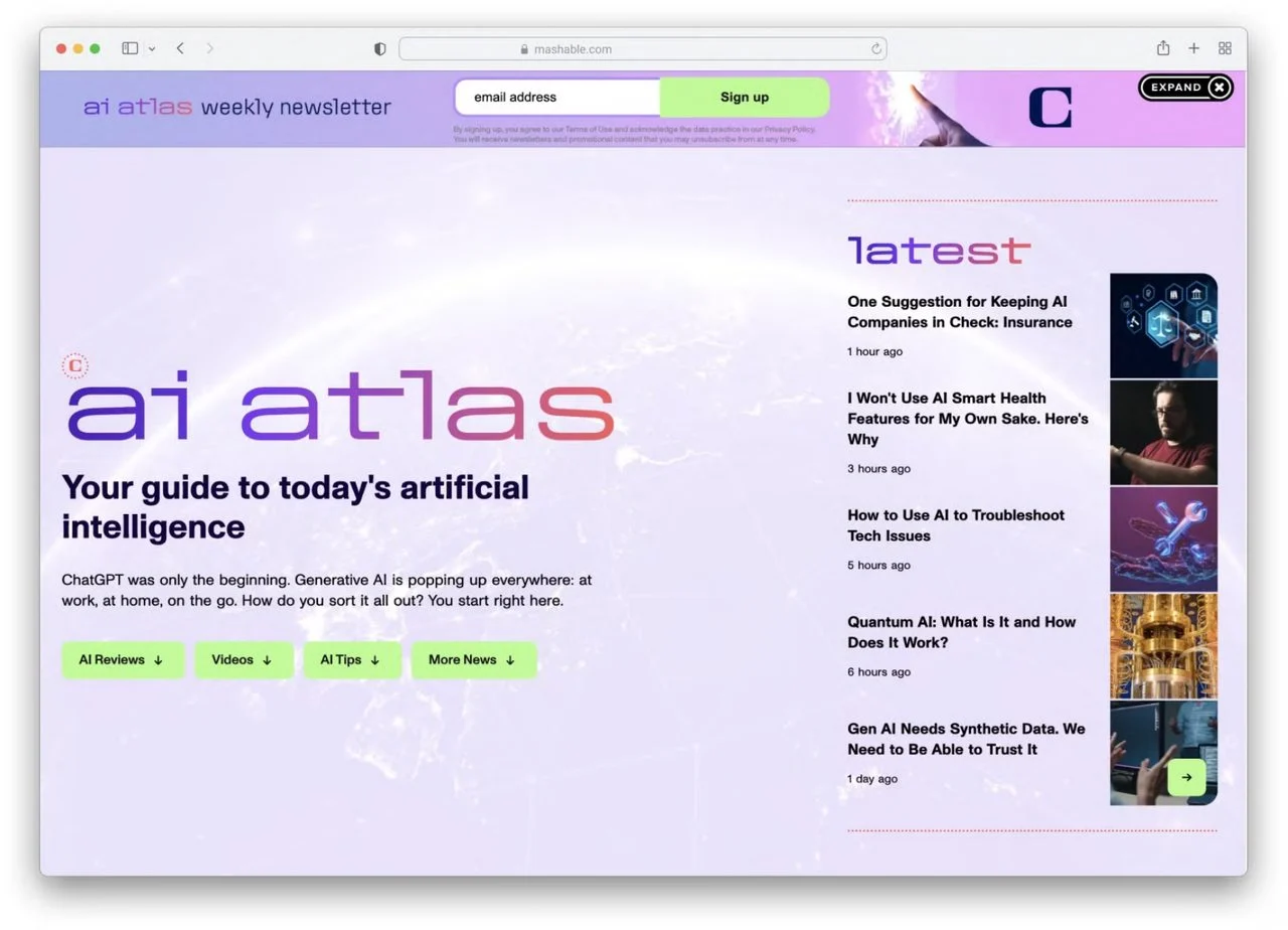 Original AI Atlas page before the redesign, with shallow content rivers and low-engagement navigation