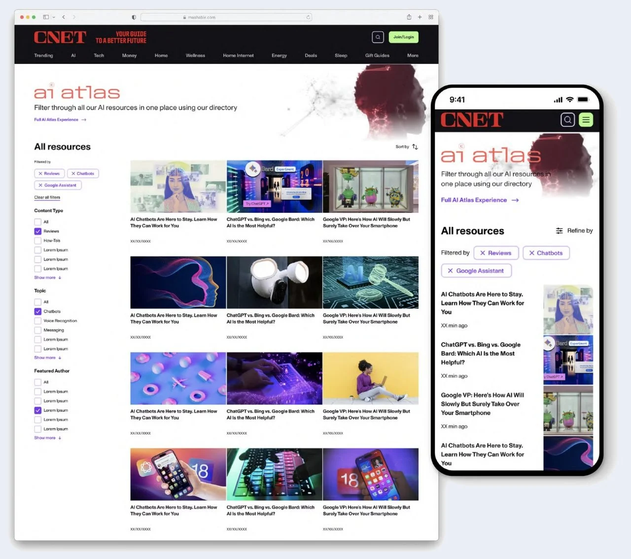 Redesigned AI Atlas directory, filterable by topic, type, and author for high-intent search