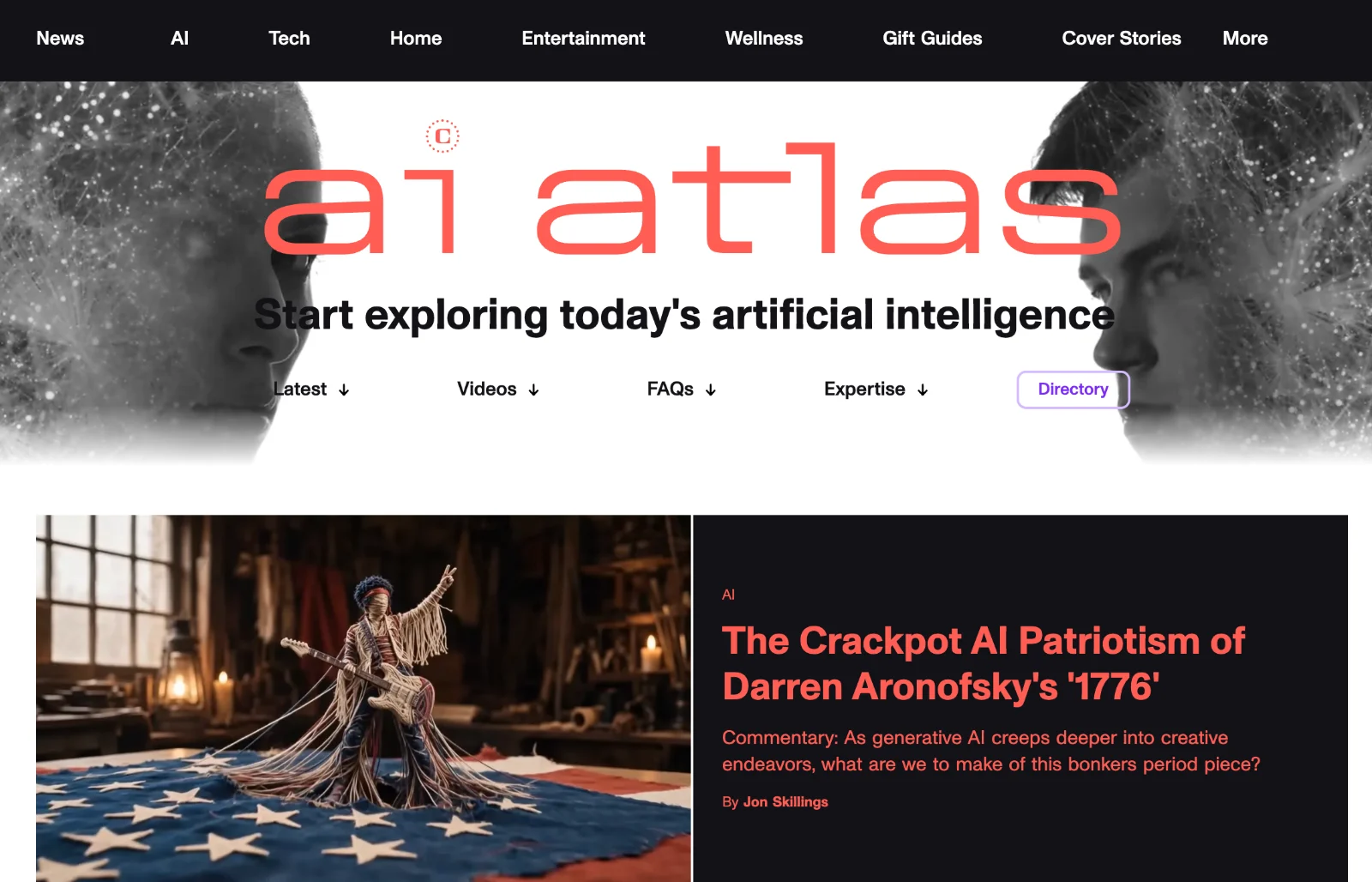 Redesigned AI Atlas hub as shipped at cnet.com/ai-atlas, with content rivers prioritized above persistent navigation and author credibility elevated
