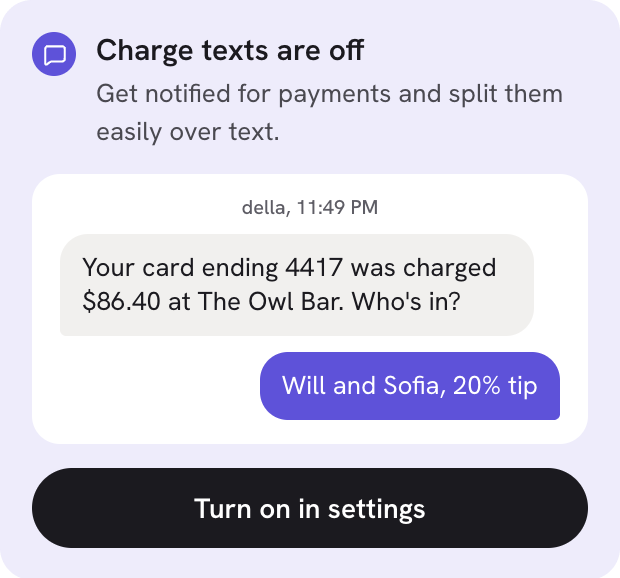 Home screen card reading Charge texts are off, with a sample text thread above the toggle