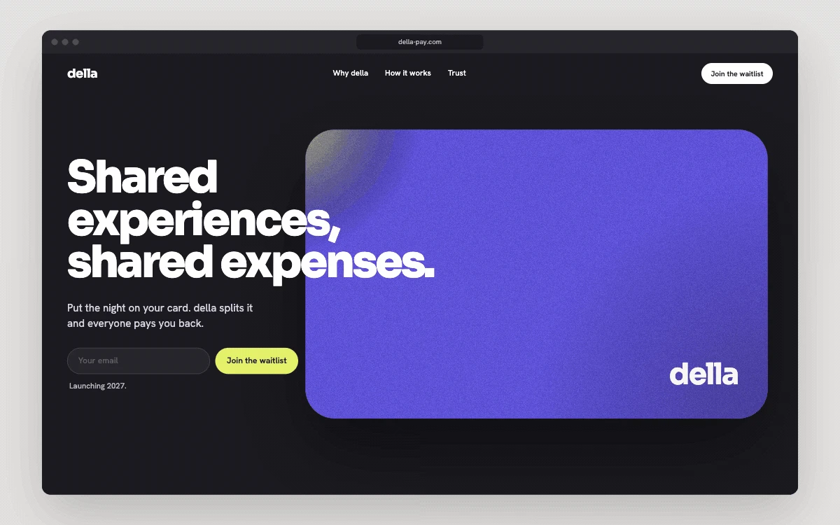 della-pay.com in a browser window: Shared experiences, shared expenses, with the iris della card
