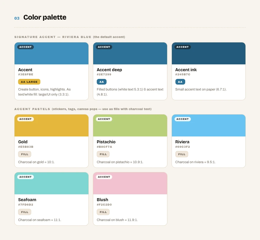 Design system sheet – signature accent and all five pastel colors