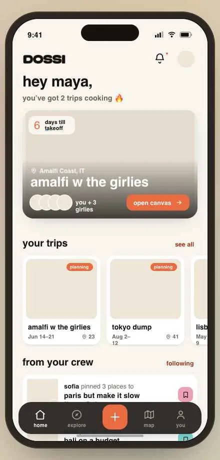 Early home screen with coral accents and placeholder images