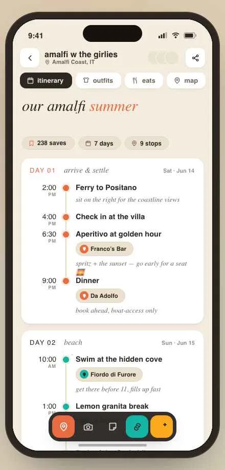 Early itinerary screen