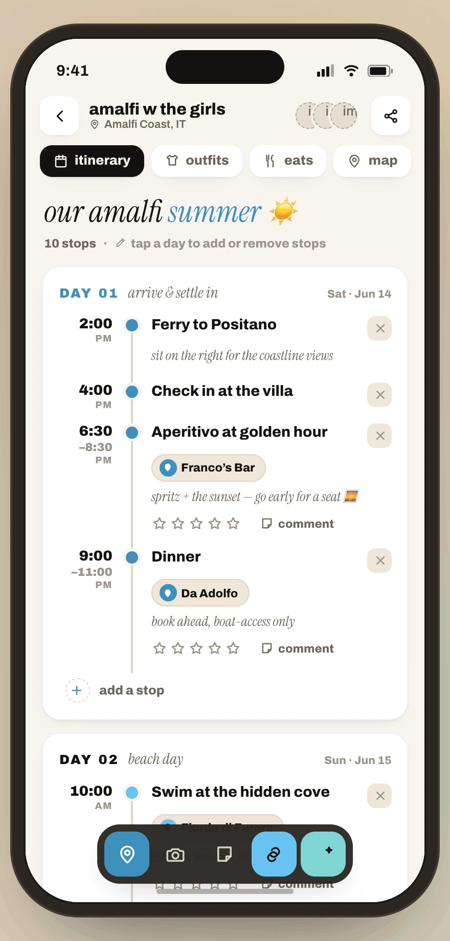 Final itinerary screen with comments