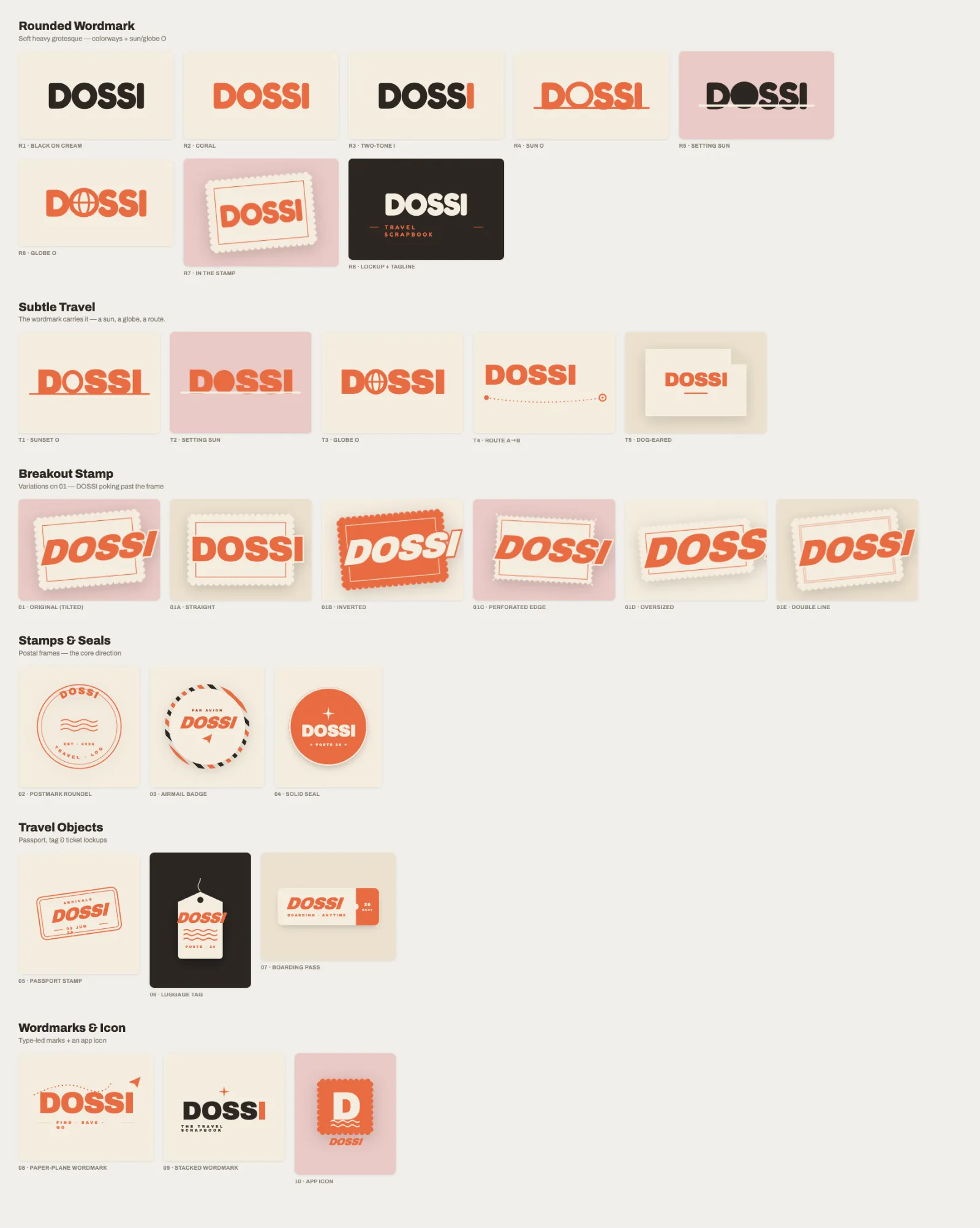 Contact sheet of twenty-eight Dossi logo explorations across six directions