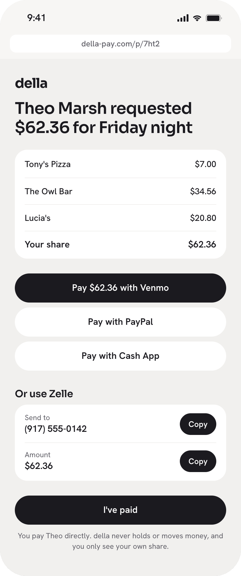 Pay page for a friend without Della listing each charge and buttons for Venmo, Zelle, PayPal and Cash App