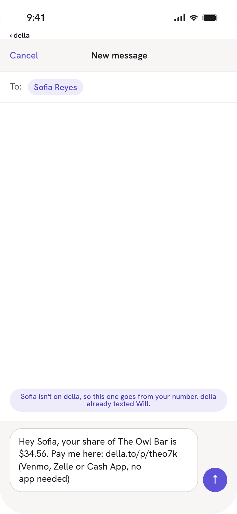 Prefilled text message with a pay link, sent from your own number