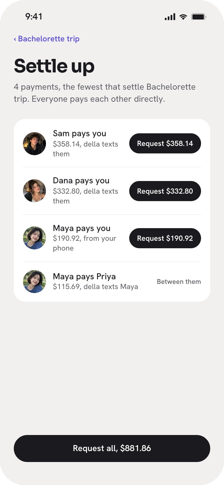 Settle up screen showing the fewest payments that clear the group