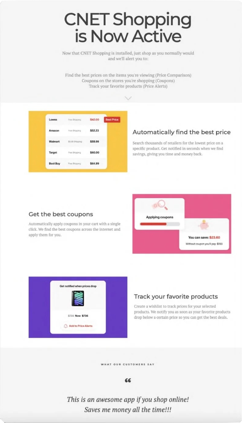 Original CNET Shopping onboarding – a static page that explained features instead of showing them