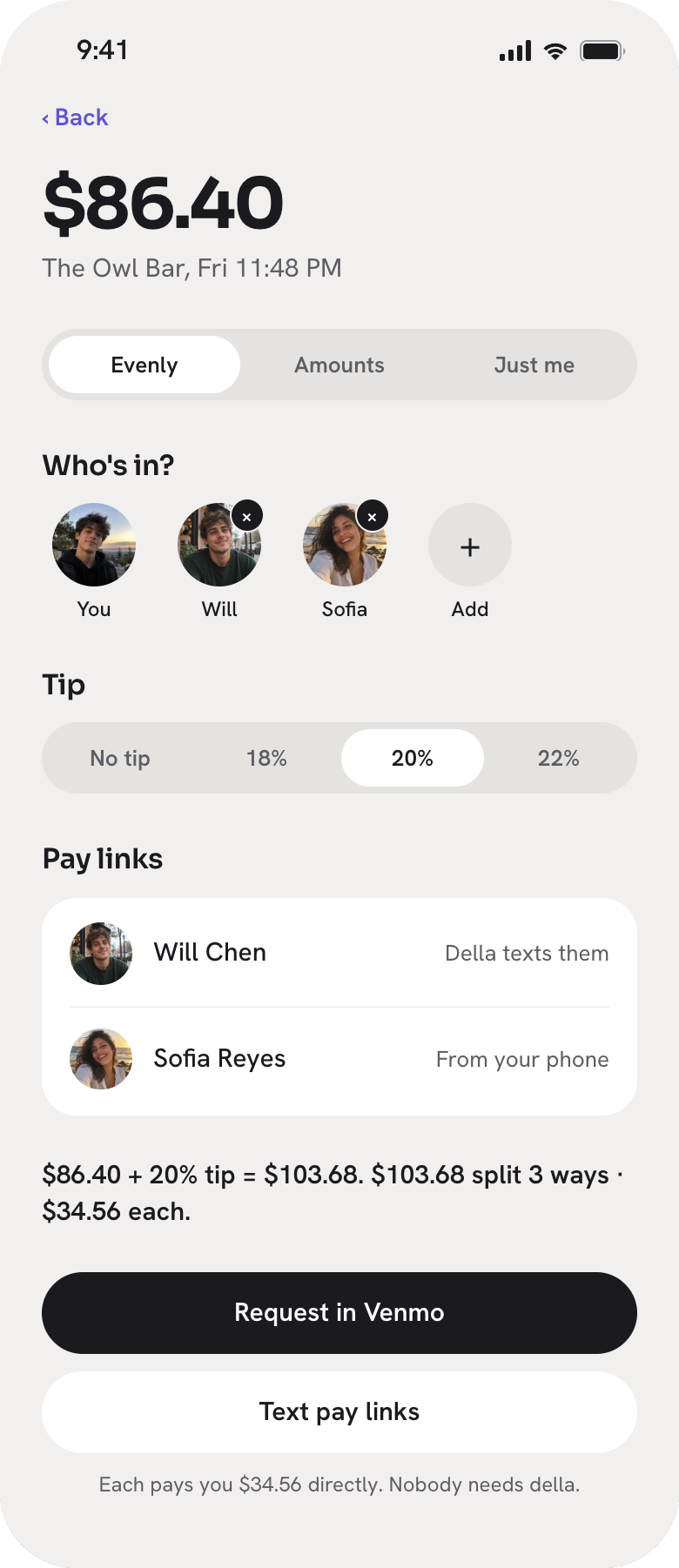 Split sheet with Evenly, Amounts and Just me tabs, tip buttons and a live per-person total