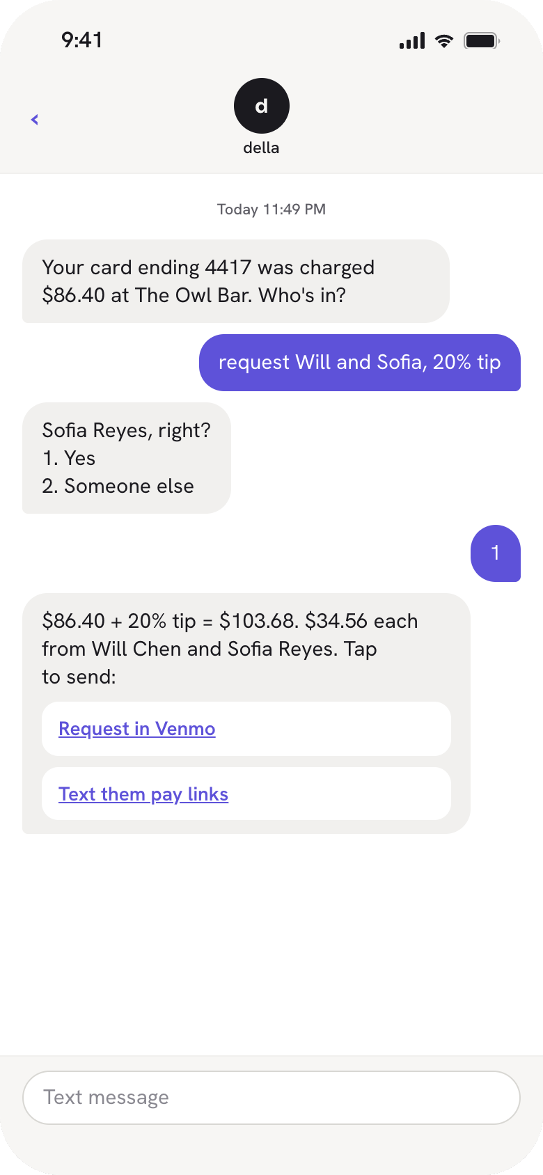 Text thread where Della asks which Sofia you mean with numbered options, then shows the split math